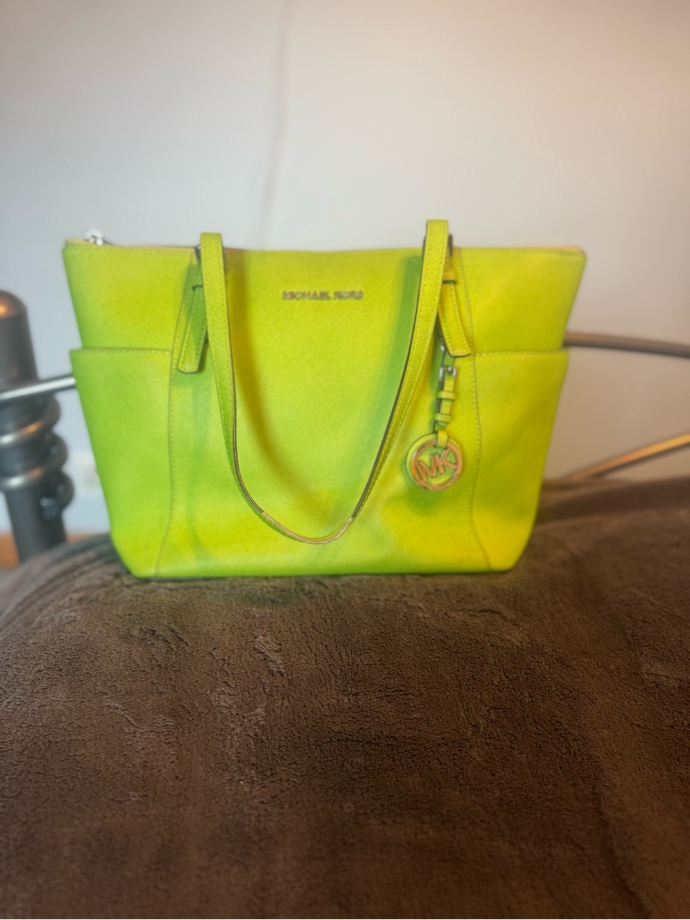 Michael Kors Bright Lime Saffiano Leather Tote with MK Charm